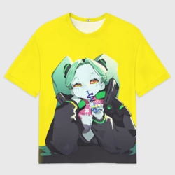 Женская футболка oversize 3D Ребекка пьет коктель - Cyberpunk