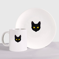 Набор: тарелка + кружка Черный кот с сияющим взглядом