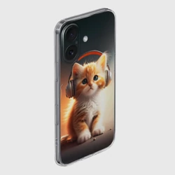 Чехол для iPhone 16 силиконовый с защитой камеры Милый рыжий котёнок в наушниках - фото 2