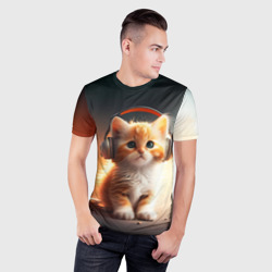 Мужская футболка 3D Slim Милый рыжий котёнок в наушниках - фото 2