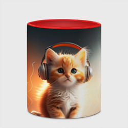 Кружка с принтом Милый рыжий котёнок в наушниках для любого человека, вид спереди №4. Цвет основы: белый + красный