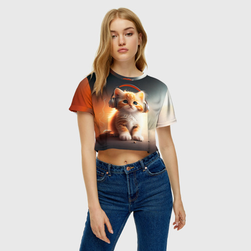 Женская футболка Crop-top 3D Милый рыжий котёнок в наушниках, цвет 3D печать - фото 3