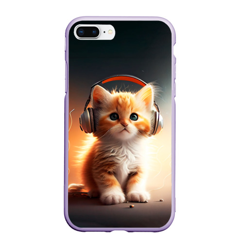 Чехол для iPhone 7Plus/8 Plus матовый Милый рыжий котёнок в наушниках, цвет светло-сиреневый