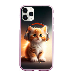 Чехол для iPhone 11 Pro Max матовый Милый рыжий котёнок в наушниках