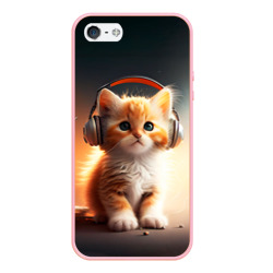 Чехол для iPhone 5/5S матовый Милый рыжий котёнок в наушниках