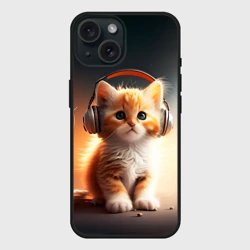 Чехол силиконовый для Apple iPhone 15 матовый Милый рыжий котёнок в наушниках