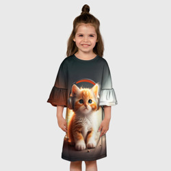 Детское платье 3D Милый рыжий котёнок в наушниках - фото 2