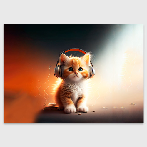 Поздравительная открытка Милый рыжий котёнок в наушниках, цвет белый