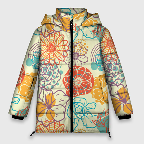 Женская зимняя куртка оверсайз с принтом Цветы и геометрия скетч, вид спереди №1