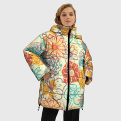 Куртка с принтом Цветы и геометрия скетч для женщины, вид на модели спереди №2. Цвет основы: черный