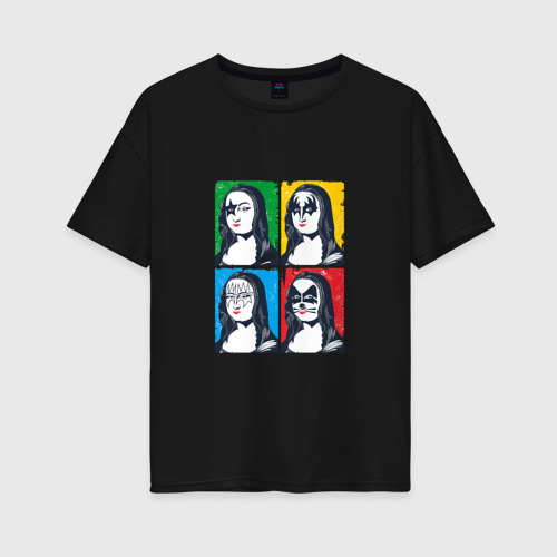 Женская футболка хлопок Oversize Kiss Mona Lisa pop-art, цвет черный