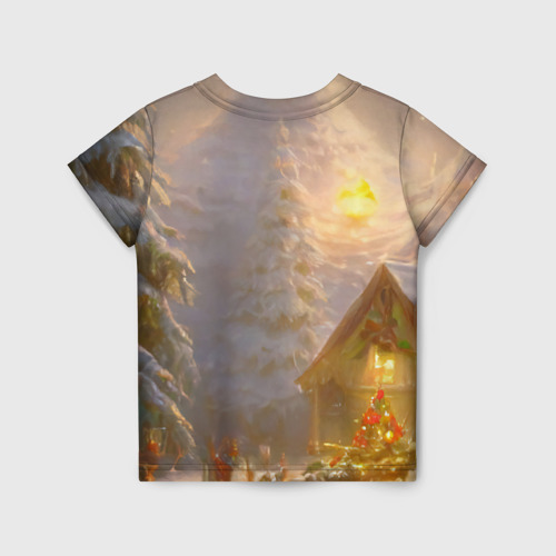 Детская футболка 3D с принтом Деревенский бревенчатый дом в лесу, украшенный к Новому году, вид сзади #1