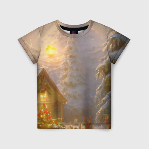 Детская футболка 3D с принтом Деревенский бревенчатый дом в лесу, украшенный к Новому году, вид спереди #2
