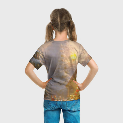 Детская футболка 3D с принтом Деревенский бревенчатый дом в лесу, украшенный к Новому году, вид сзади #2