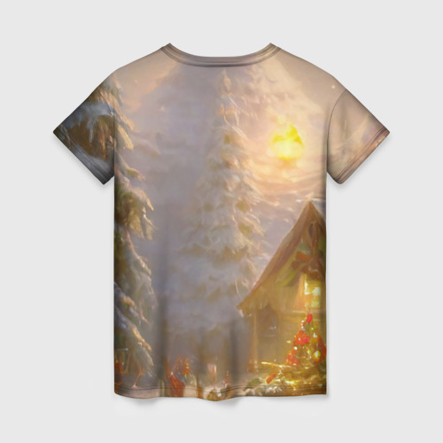 Женская футболка 3D с принтом Деревенский бревенчатый дом в лесу, украшенный к Новому году, вид сзади #1