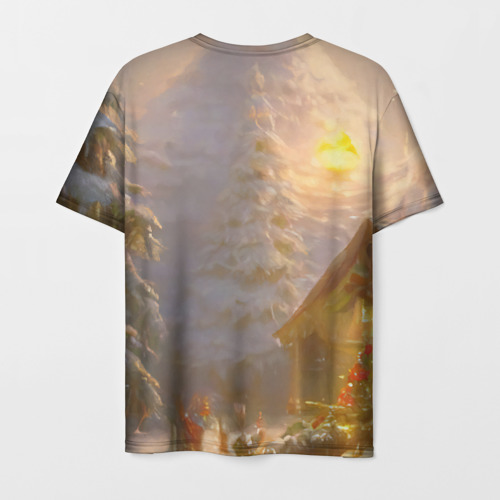 Мужская футболка 3D с принтом Деревенский бревенчатый дом в лесу, украшенный к Новому году, вид сзади #1