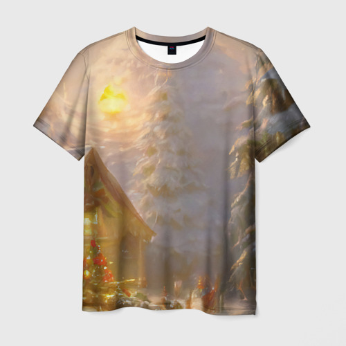 Мужская футболка 3D с принтом Деревенский бревенчатый дом в лесу, украшенный к Новому году, вид спереди #2