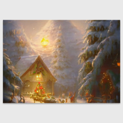 Поздравительная открытка Деревенский бревенчатый дом в лесу, украшенный к Новому году
