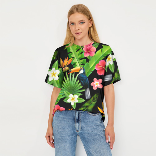 Женская футболка oversize 3D Тропический паттерн с туканом, цвет 3D печать - фото 5