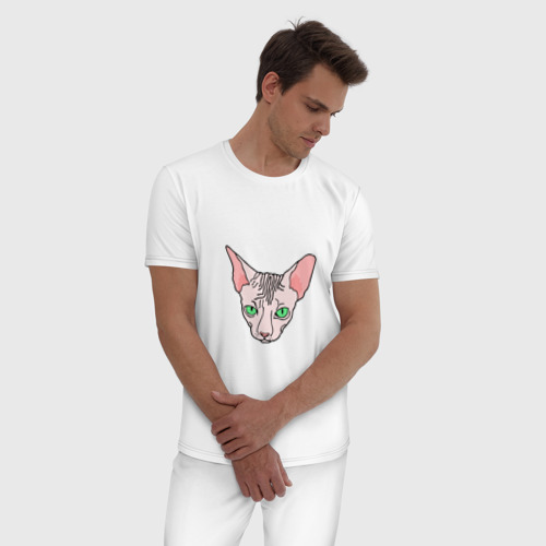 Мужская пижама хлопок Сфинкс - кот без шерсти, цвет белый - фото 3
