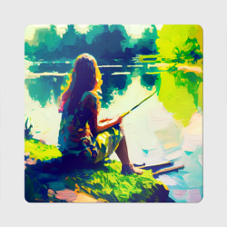 Магнит виниловый Квадрат Девушка на рыбалке - картина