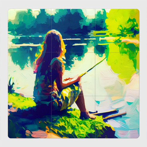 Магнитный плакат 3x3 с принтом Девушка на рыбалке - картина, вид спереди №1