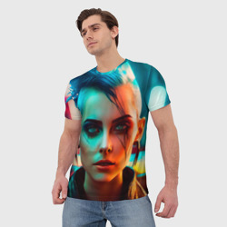 Мужская футболка 3D Нейросеть - девушка в стиле Киберпанк - фото 2