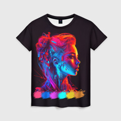 Женская футболка 3D Нейросеть - девушка киборг в неоновом свечении