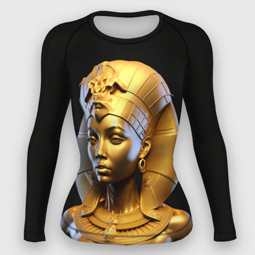 Женский рашгард 3D с принтом Нейросеть - золотая египетская богиня, вид спереди #2