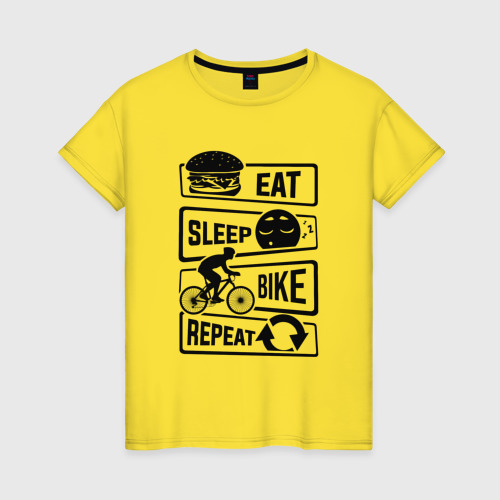 Женская футболка хлопок с принтом Eat sleep bike repeat art, вид спереди #2