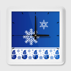 Снеговики в снежинках синие – Настенные часы квадратные с принтом купить