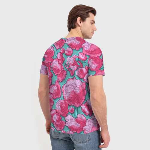 Мужская футболка 3D с принтом Пышные цветы - пионы, вид сзади #2