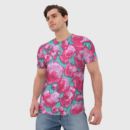 Мужская футболка 3D с принтом Пышные цветы - пионы, фото на моделе #1