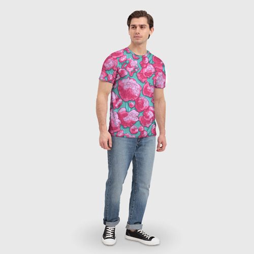 Мужская футболка 3D с принтом Пышные цветы - пионы, вид сбоку #3