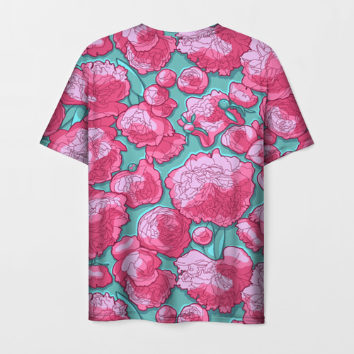 Мужская футболка 3D с принтом Пышные цветы - пионы, вид сзади #1