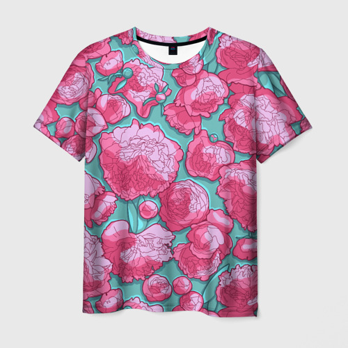 Мужская футболка 3D с принтом Пышные цветы - пионы, вид спереди #2