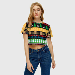 Женская футболка Crop-top 3D Новогодний узор с пивом - фото 2