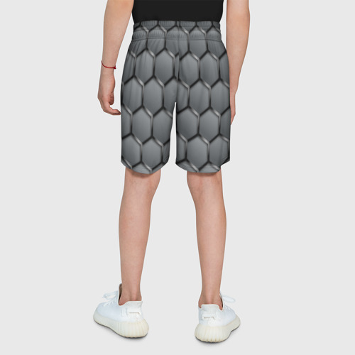 Детские спортивные шорты 3D с принтом Стальные шестигранники на сером фоне, вид сзади #2