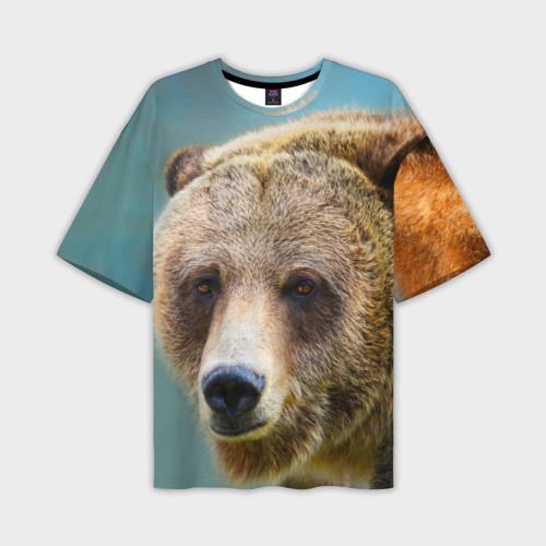 Мужская футболка оверсайз с принтом Русский бурый медведь, вид спереди №1