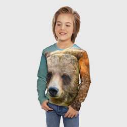 Лонгслив с принтом Русский бурый медведь для ребенка, вид на модели спереди №2. Цвет основы: белый