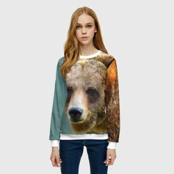 Свитшот с принтом Русский бурый медведь для женщины, вид на модели спереди №2. Цвет основы: белый