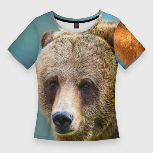 Женская приталенная футболка с принтом Русский бурый медведь, вид спереди №1