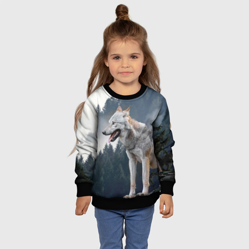 Детский свитшот 3D с принтом Волк на фоне леса, фото #4