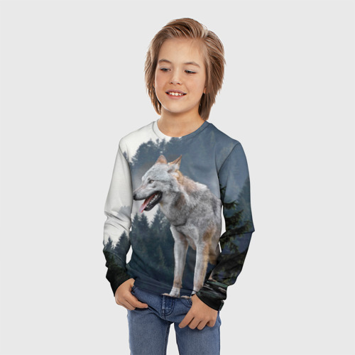 Детский лонгслив 3D с принтом Волк на фоне леса, фото на моделе #1