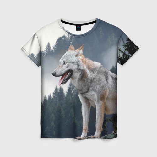 Женская футболка 3D с принтом Волк на фоне леса, вид спереди #2