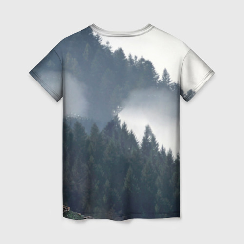 Женская футболка 3D с принтом Волк на фоне леса, вид сзади #1