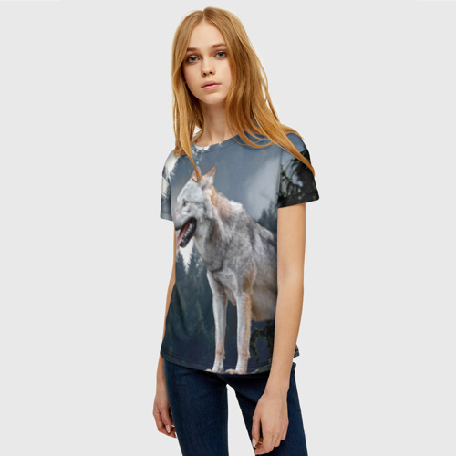 Женская футболка 3D с принтом Волк на фоне леса, фото на моделе #1