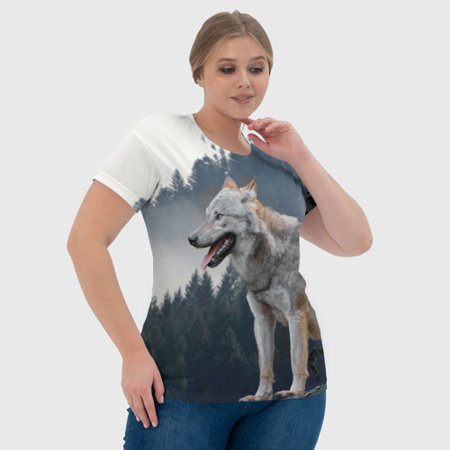 Женская футболка 3D с принтом Волк на фоне леса, фото #4