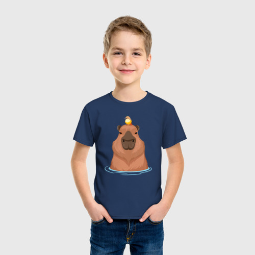 Детская футболка хлопок Капибара и птичка, цвет темно-синий - фото 3