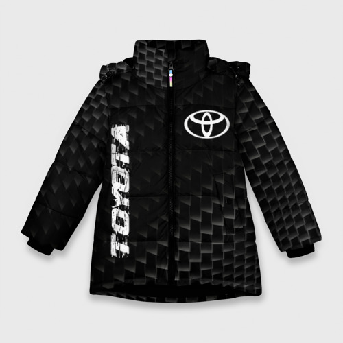 Зимняя куртка для девочек 3D с принтом Toyota карбоновый фон, вид спереди #2